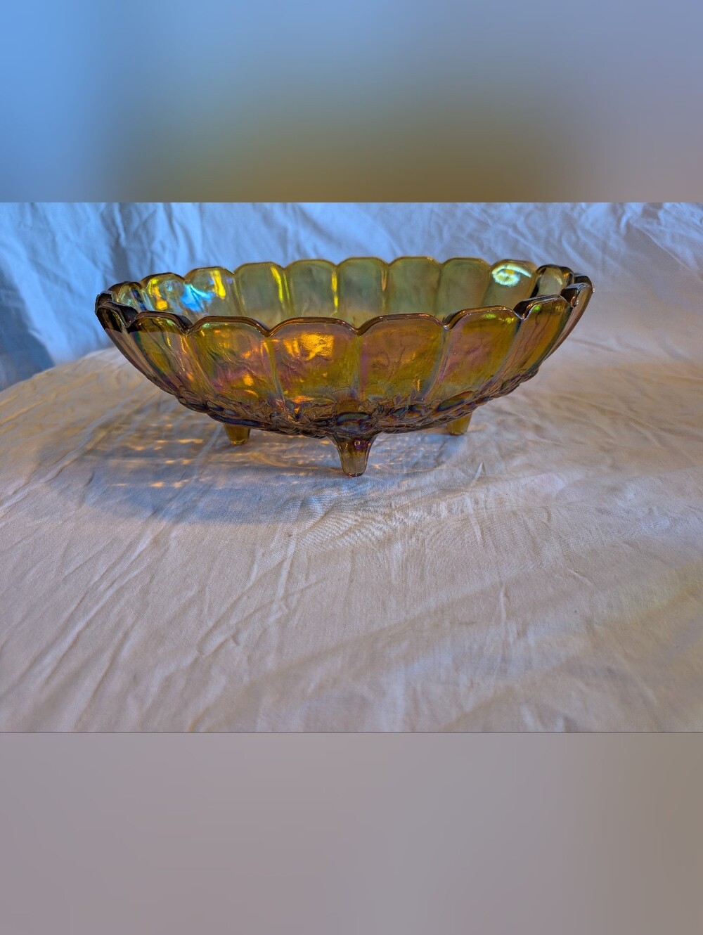 2/40$ Indiana Glass Iridescent Footed Scalloped Bowl - Gold, Green